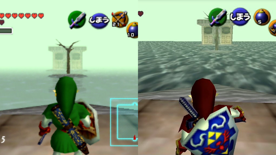 左為 N64 原版畫面，右為 Switch Online 模擬器版本，迷霧效果呈...