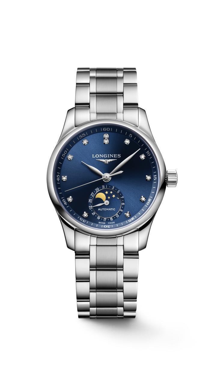 浪琴Master巨擘系列藍色太陽紋面盤月相女士腕表，88,500元。圖／浪琴表提供
