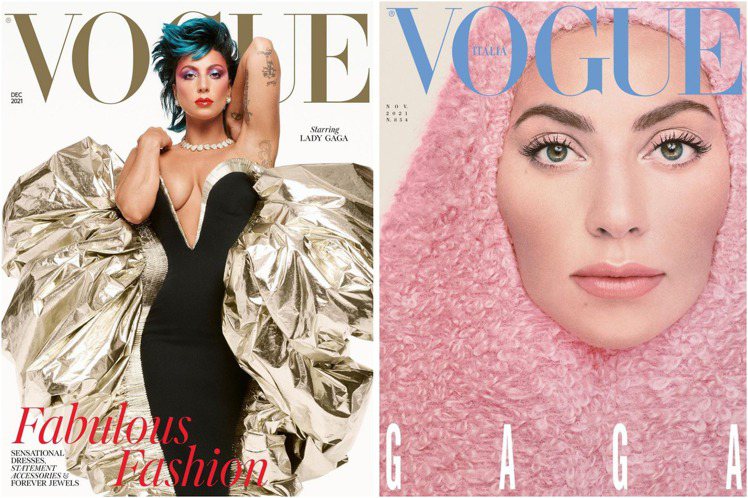 義大利版本的封面設計（右）完全無標題，僅標示GAGA字樣，風格強烈；英國版的封面Lady Gaga則以紅唇、眼影帶有80年代的懷舊氣息，並戴上一件Boucheron的Serpent Bohème高級珠寶項鍊。圖 / 翻攝自 ig @ ladygaga