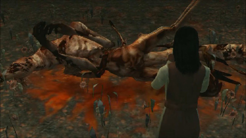遊戲中的最終頭目，異世界降臨的生物「墮辰子」，一旁祈禱的角色為「八尾比沙子」，就...