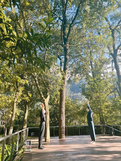 水之庭園的木平台體驗「木陽森展」，透過肢體伸展融入森呼吸。記者彭素娟／攝影