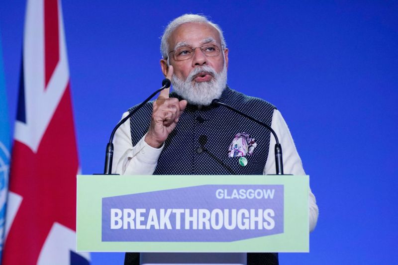 印度總理莫迪在英國蘇格蘭格拉斯哥聯合國氣候峰會承諾，該國將在2070年前達成淨零碳排。法新社