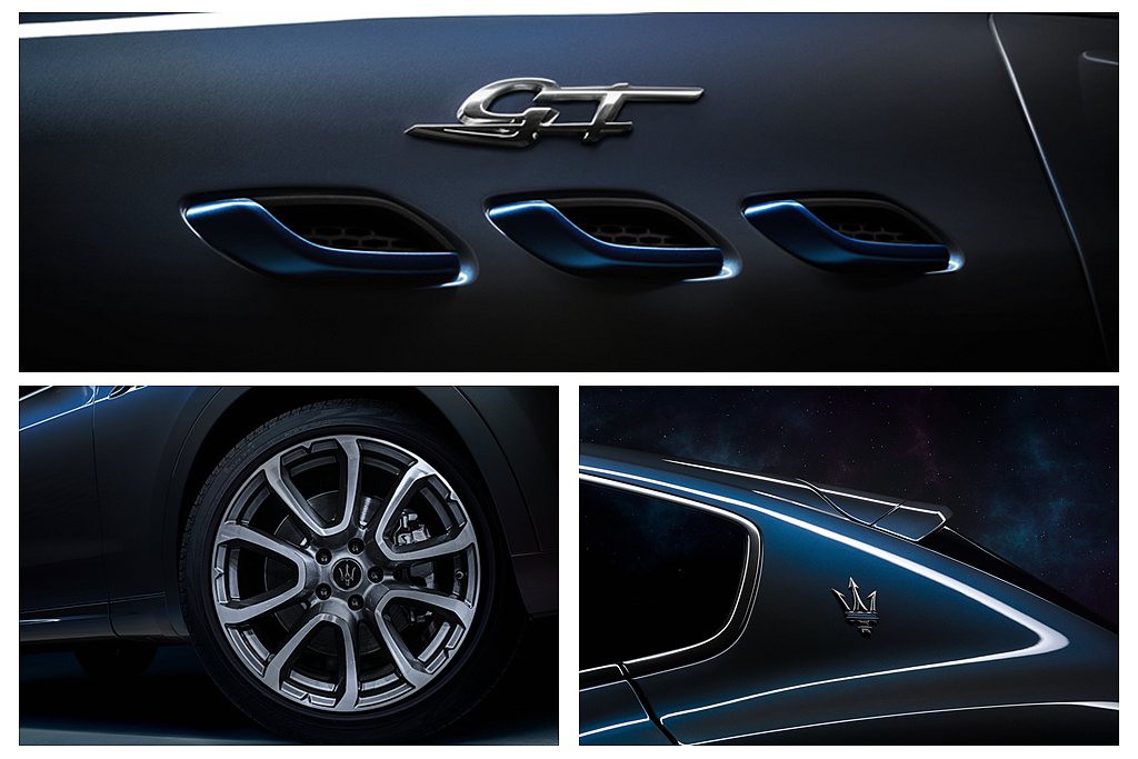 標誌性的散熱鰭孔下緣，以及全新C柱三叉戟廠徽也點綴上GT車型獨有的藍色烤漆，呼應...