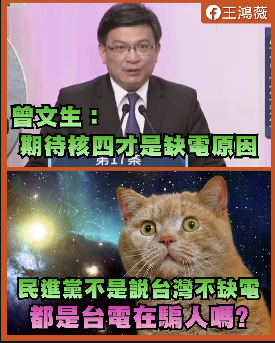 台北市議員王鴻薇表示，這就奇怪了，以前民進黨不是都說台灣沒有缺電問題，都是台電在藏電騙人嗎？怎麼現在又自己打臉自己了？圖／引用自王鴻薇臉書