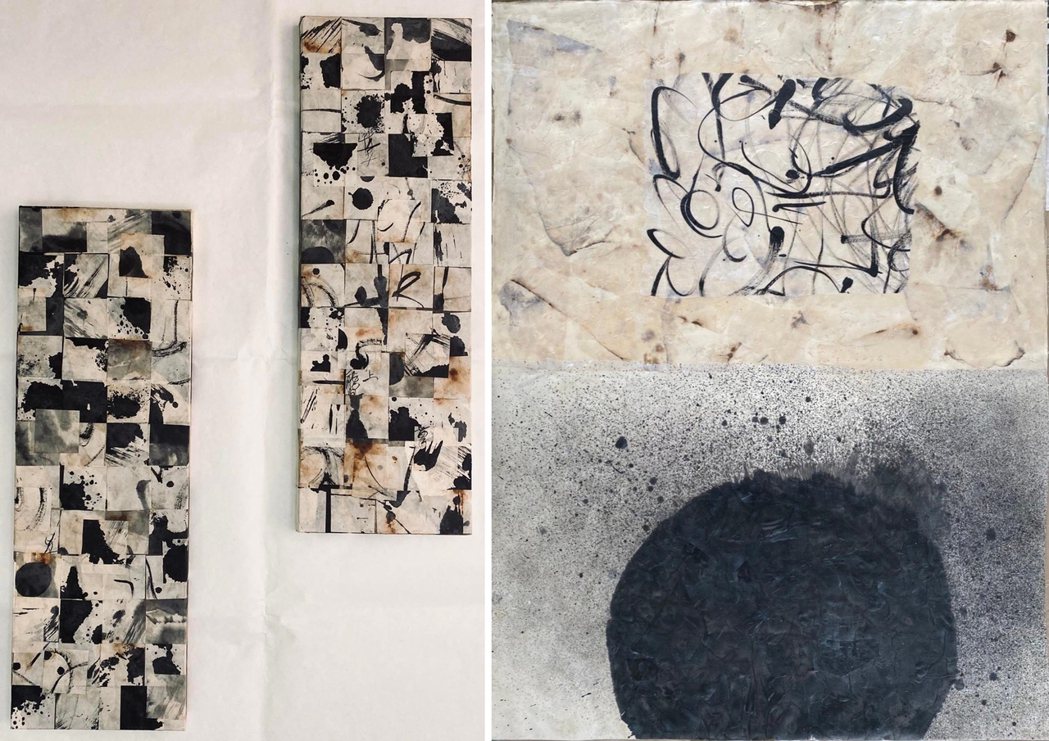右圖：王新蓮以墨汁、冷蠟調和，創作抽象藝術，此為「無題一」。左圖：王新蓮的「無題二」。 圖／王新蓮提供