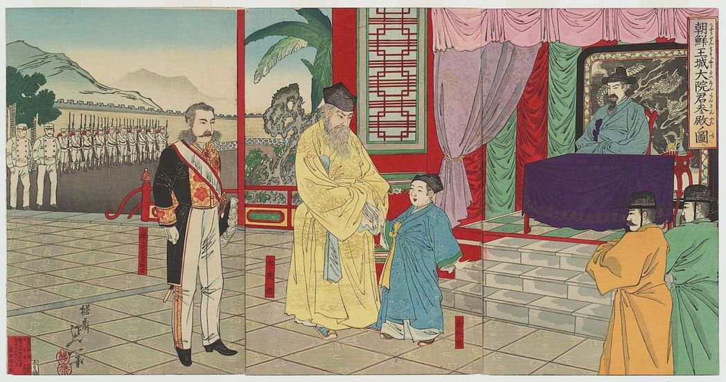 此浮世繪描繪大院君登殿朝見朝鮮國王，左邊正為全權公使大鳥圭助。 圖／渡辺延一