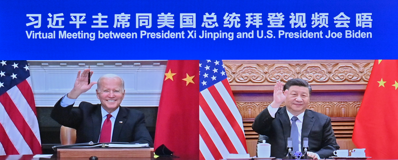 大陸國家主席習近平16日上午在北京與美國總統拜登舉行視訊會晤。新華社