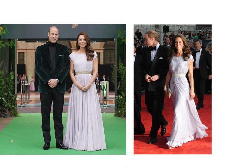 凱特王子妃10年前（右）和日前都穿Alexander McQUEEN的淡紫色晚裝...