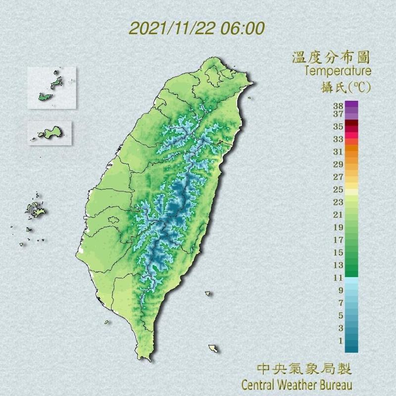 吳德榮說，今晚至明晨，北台灣平地最低氣溫約可降至12度；週三、四清晨，竹、苗平地因另有強「輻射冷卻」加成，最低氣溫仍可降至11、12度。截圖自中央氣象局官網