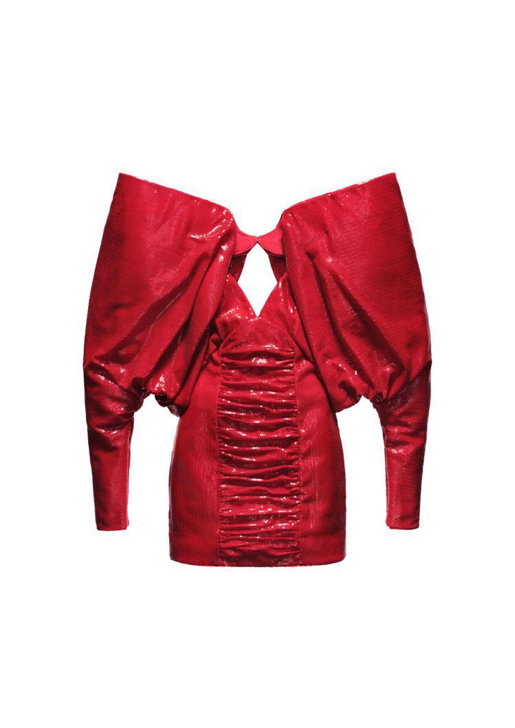 H&M永續時尚設計系列浮誇衣袖洋裝4,999元。圖／H&M提供