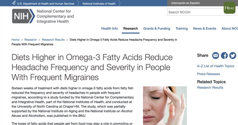 《英國醫學期刊》近期刊登一篇新研究，讓頭痛患者多攝取 Omega-3 脂肪酸含量...