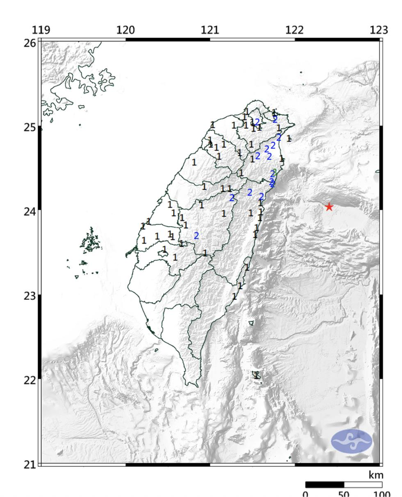 氣象局表示，今下午5時55分左右，台灣東部海域發生規模5.2地震，宜蘭最大震度3級，雙北二級。圖／氣象局提供