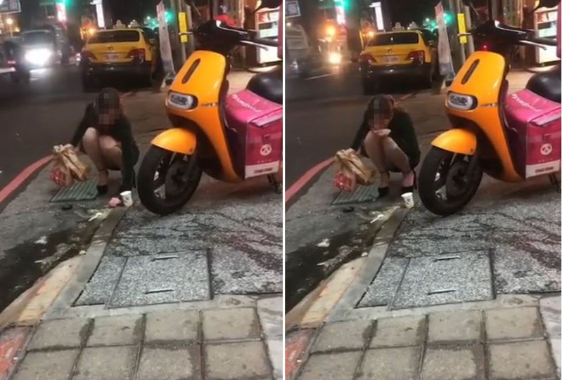 有一名長腿小姐打翻玉米濃湯，當街徒手抓起來吃，嚇傻網友們。 圖／爆廢公社公開版
