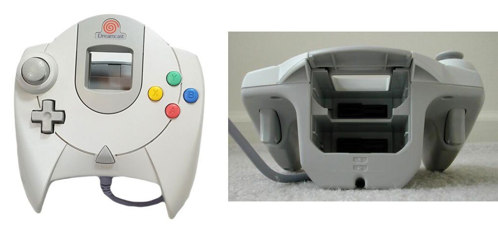 Dreamcast 主機的標準手把。左上角多了從未有過的類比搖桿，中間兩個插槽可...