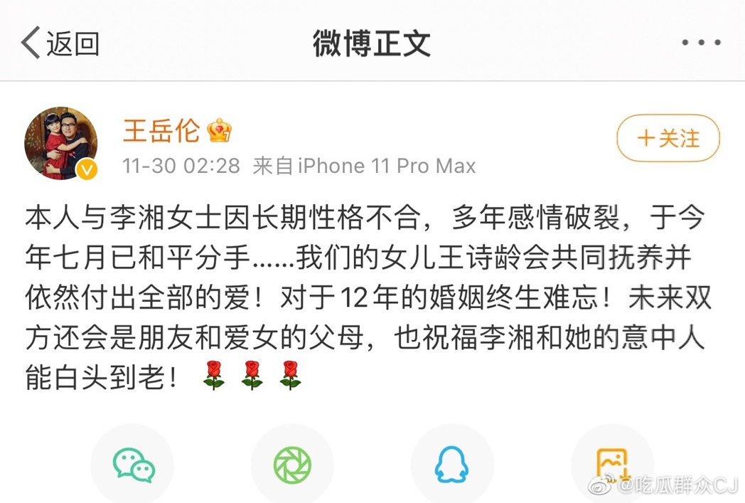 王岳倫宣布已和李湘離婚。圖／擷自微博