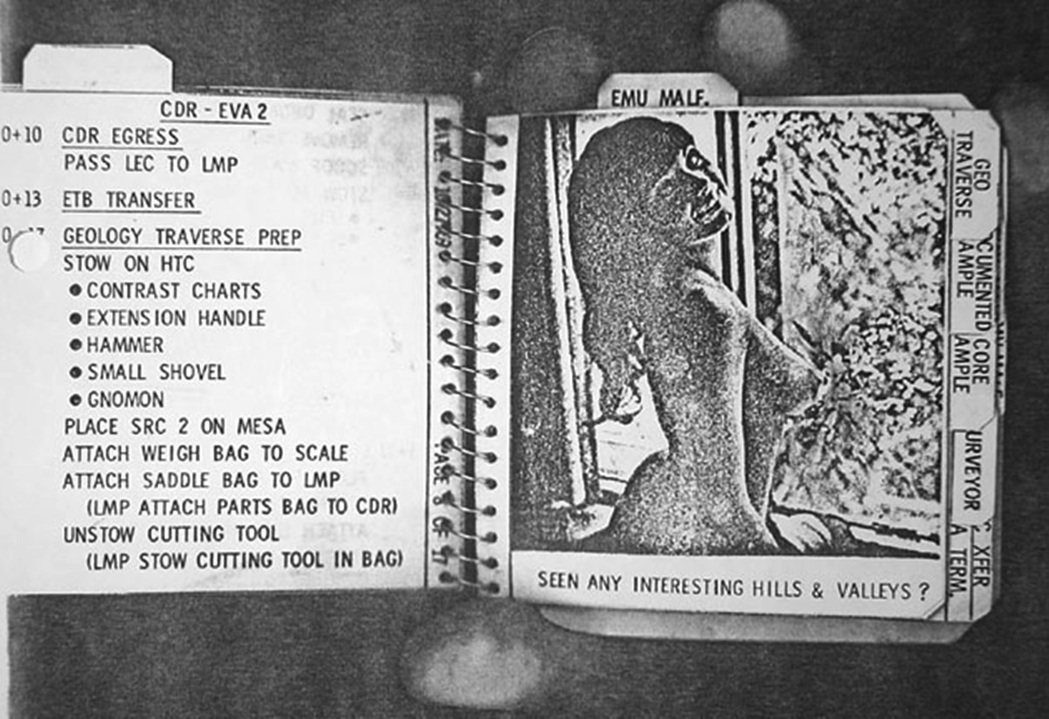 阿波羅12號太空人的袖帶檢查表，左邊是太空人的工作檢查表，右邊是穿插的性感女郎照...