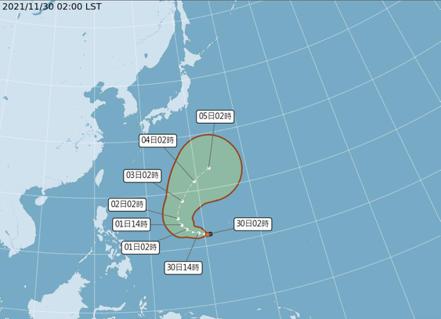 氣象局表示，原位於關島西南方海面上的熱帶性低氣壓，於今(30)日上午8時發展為輕度颱風，編號第21號(國際命名:NYATOH，中文譯名:妮亞圖)。圖/氣象局提供