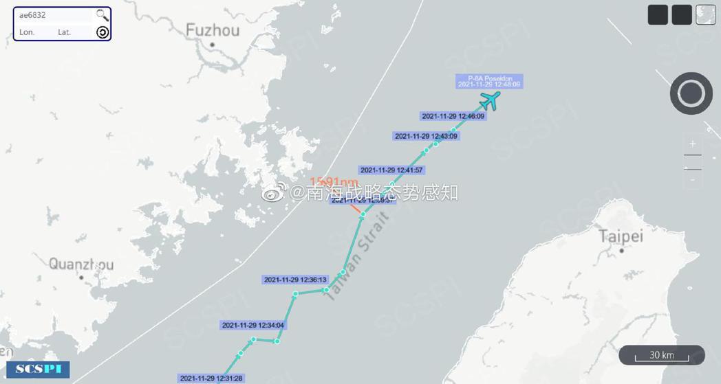 大陸智庫通報，美海軍1架P-8A反潛巡邏機29日自南向北穿越台灣海峽上空空域。（...