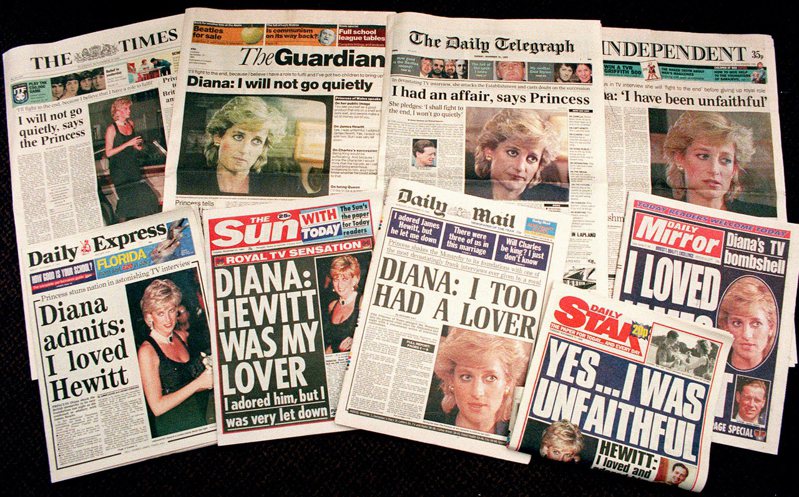 1995年11月21日，英国各报章都以黛妃受访坦承婚姻破裂为头版标题。美联社(photo:UDN)