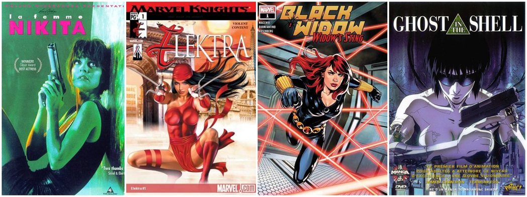 圖為1990年的電影《霹靂煞》（左起）、漫威超級英雄幻影殺手（Elektra）、黑寡婦（Black Widow）、日本動漫《攻殼機動隊》主角草薙素子。 圖／MARVEL、IMDb