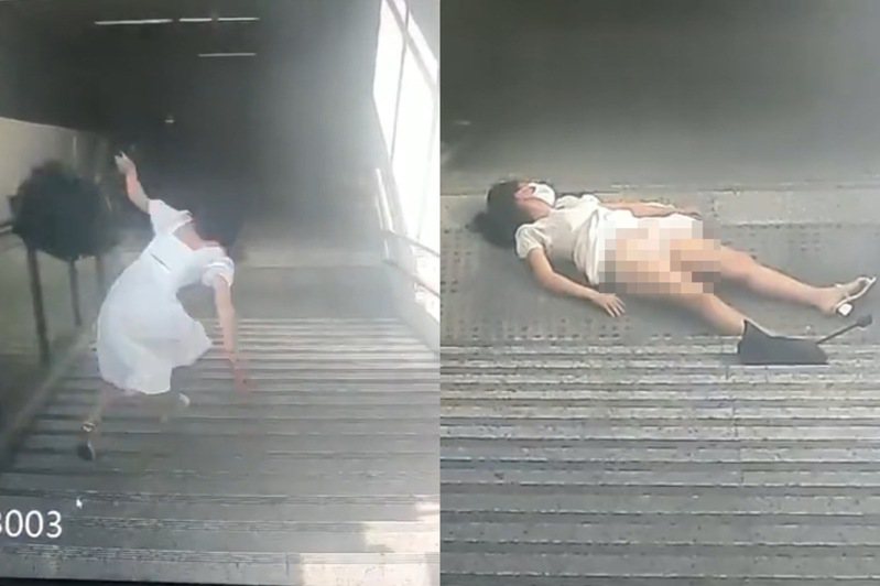 近日網路瘋傳一段監視器畫面，一名穿高跟鞋的女子下樓梯時低頭看手機，一個不留神踩空摔下。 圖／網路影片截圖