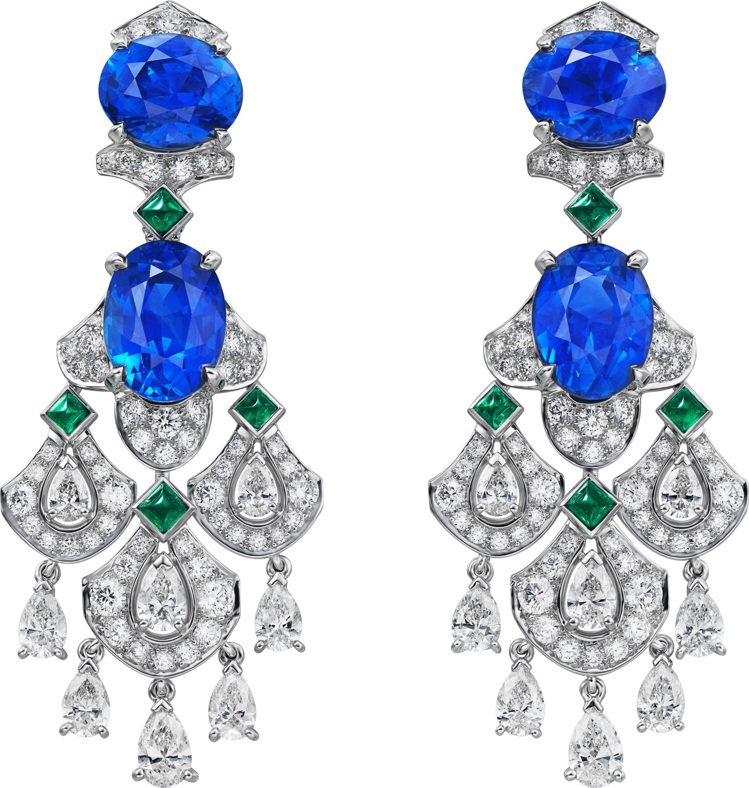 VANUA耳環，鉑金與白K金鑲嵌藍寶石、鑽石、祖母綠，2,150萬0,000