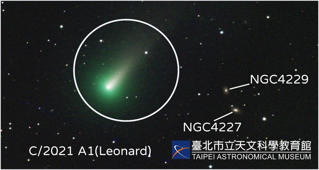 台北天文館拍攝之雷納德彗星(圓框內)，右為兩個遙遠的背景星系。圖/台北天文館提供