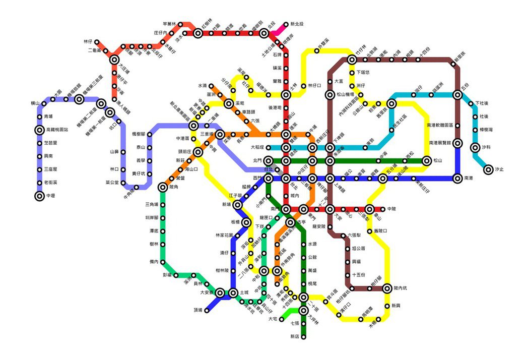 台北捷運、桃園捷運及新北捷運的全面車站更名建議圖。點此瀏覽原圖。 圖／作者使用Metro Map Maker網站繪製