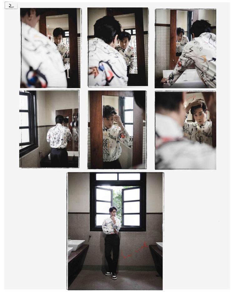 薛仕凌詮釋夏姿2022春夏男裝系列的印花襯衫，展現各種照鏡子的拍攝風格。圖／取自...