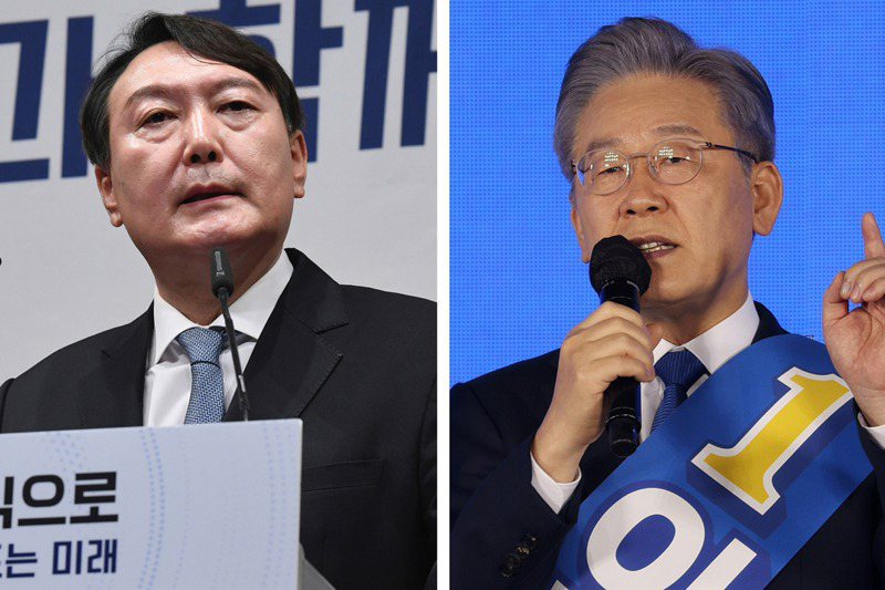 南韓總統大選倒數，在野黨候選人的尹錫悅（左）與執政黨候選人李在明（右）的「無好感度」卻都超過五成。美聯社、路透