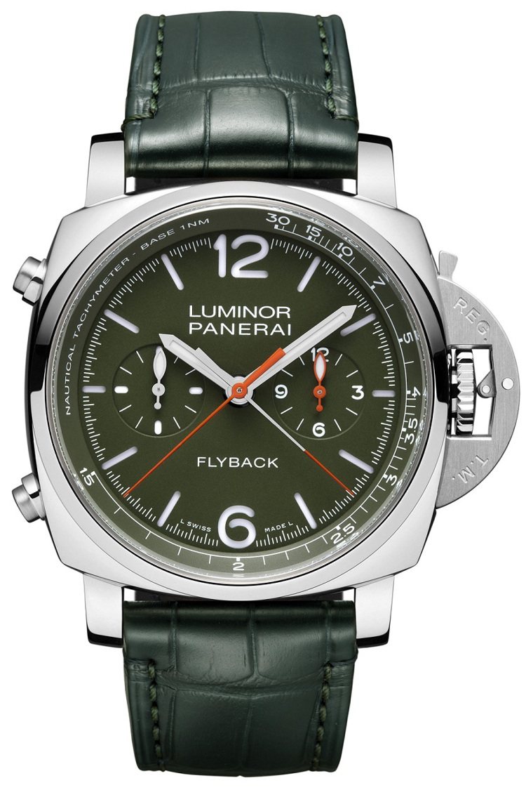 沛納海Luminor Chrono Flyback Verde Militare飛返計時軍綠腕表（PAM01296），限量110只，僅在PANERAI官方網站販售，42萬5,000元。圖 / 沛納海提供