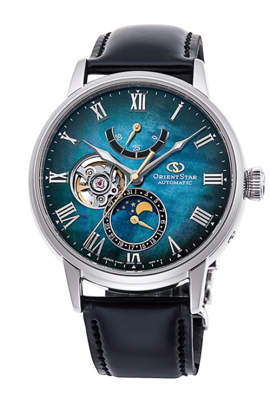 Orient Star宇宙星辰系列RE-AY0111A腕表，精鋼表殼搭配珍珠母貝表盤，限量100只，價格未定。圖／Orient Star提供