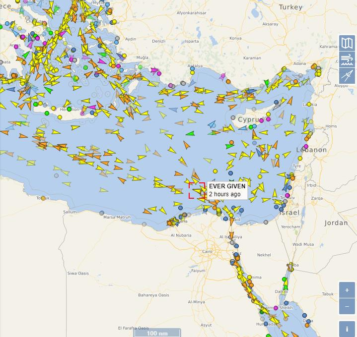 根据船舶资讯追踪网站Vessel Finder，长赐轮（标示红圈者）已顺利通过苏伊士运河，正进入地中海东部，准备开往荷兰鹿特丹港。撷取自Vessel Finder(photo:UDN)