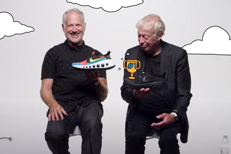 運動品牌Nike在2019年推出CruzrOne系列款，設計人哈特菲爾德（左）透露，他的設計點子來自「跑得較慢的」Nike創辦人奈特（右）。圖／擷自Nike官方影音