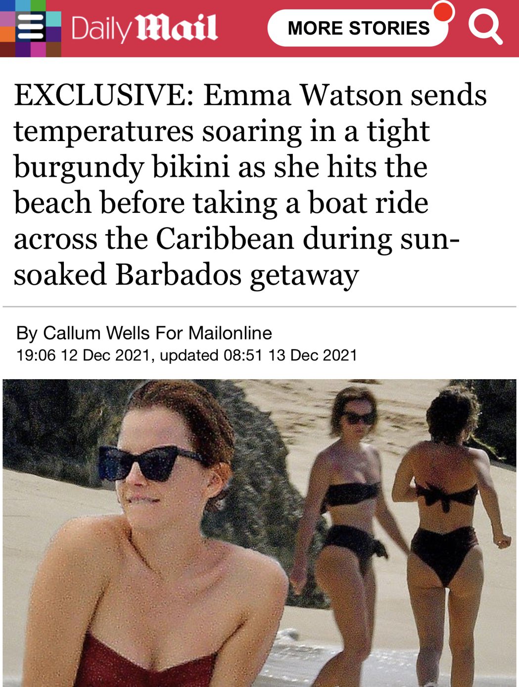 艾瑪華森被拍到在巴貝多戲水、度假。圖／摘自Daily Mail