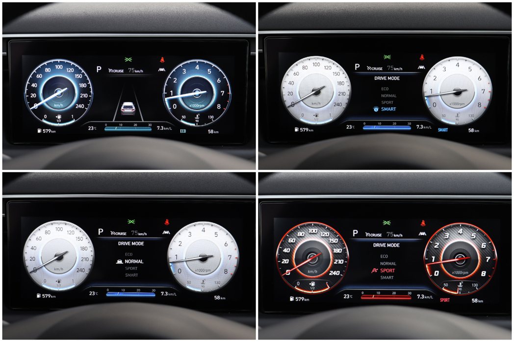 大改款Hyundai Tucson L所搭載的10.25吋數位儀表，在切換四種駕...