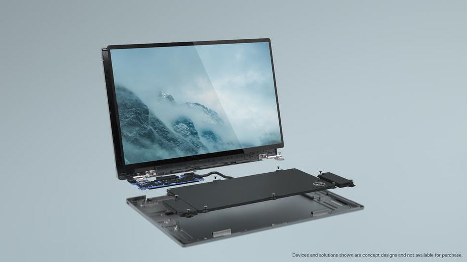 戴爾發表的新型筆電原型機Concept Luna，鏍絲釘用量僅為普通筆電的10%，特色是使用更少零件，且這些模組化零件可重複使用。擷取自網路