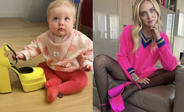 Chiara Ferragni九個月大的女兒Vittoria和VERSACE厚底高跟鞋合照，照片貼出才半小時就獲得二十萬讚數。圖／摘自IG