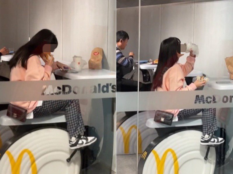 一名女客人在麥當勞內用區一邊用餐、一邊踩腳踏車的影片在網路瘋傳。
圖擷自抖音