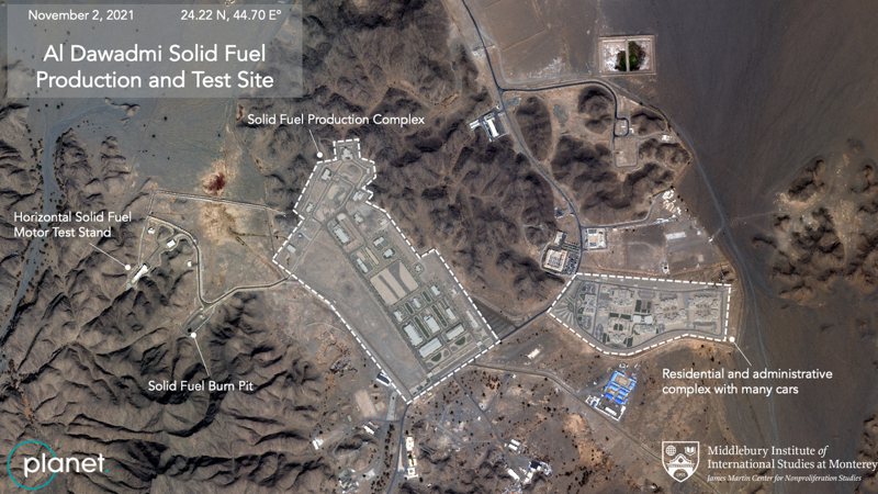 衛星照片顯示沙烏地阿拉伯境內的固態燃料與飛彈測試地點。法新社