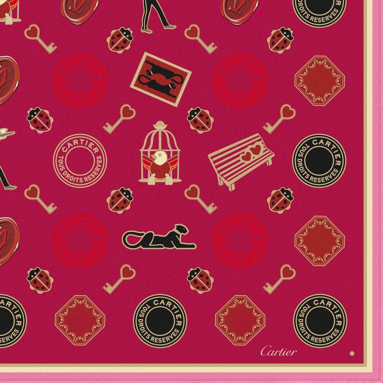 DIABOLO RED D ECARTIER系列絲巾，90x90公分、100%真絲斜紋綢，約13,300元。圖／卡地亞提供