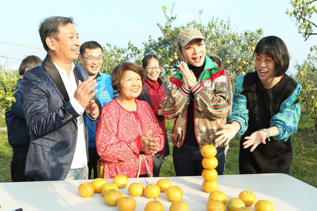 陳美鳳(右二)邀請果園老闆娘一起參與茂谷柑疊疊樂。圖／民視提供