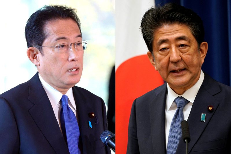 日本首相岸田文雄（左）上任後在人事、政策布局上，對前首相安倍晉三（右）建議視而不見，安倍則在安保和外交領域處處牽制岸田。法新社、路透