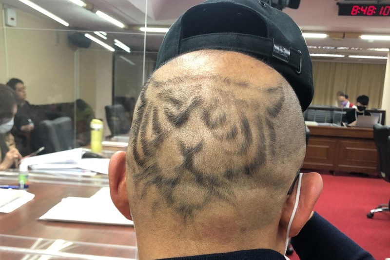 今年是虎年，衛武營國家藝術文化中心總監簡文彬後腦的虎首髮型圖騰，格外吸睛。 圖／簡文彬提供