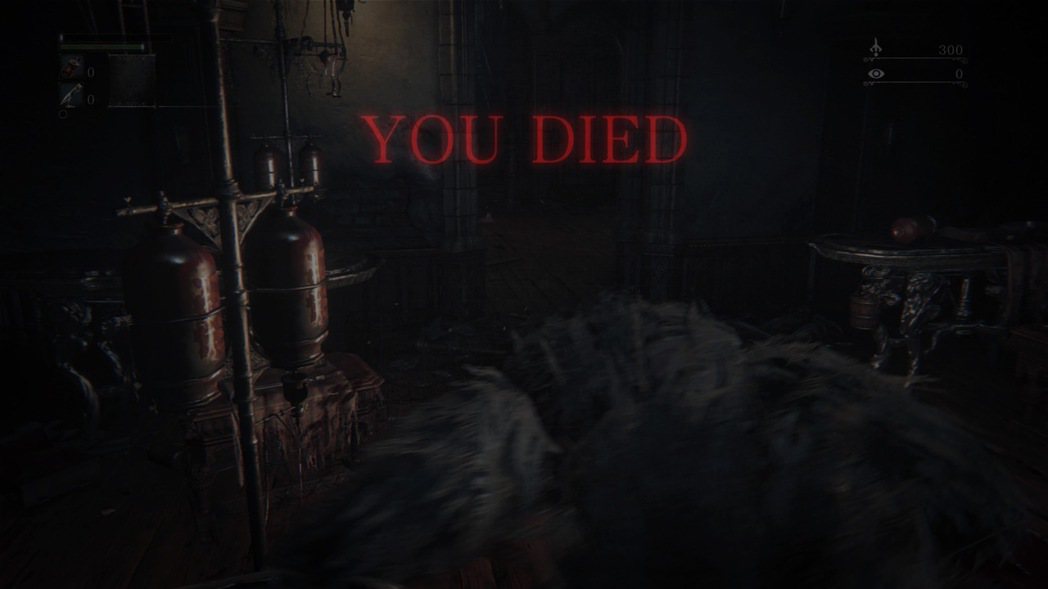 當「你死了」出現在畫面上，除了接受死亡，似乎也沒別的選擇。 圖／擷自遊戲《血源詛...