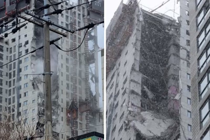 南韓光州市西區一處正在施工的39層高樓今（11日）下午發生外牆崩落意外，多輛停放在周圍的汽車與電線桿遭落下的水泥塊砸毀，現場至少3人受傷送醫，6名工人失聯中。圖擷自推特