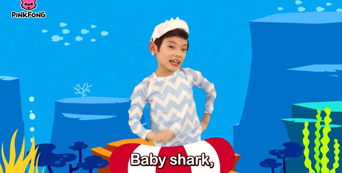 源自韓國的超紅洗腦兒歌「鯊魚寶寶」（Baby Shark）成為該平台首支觀看次數來到100億的影片。(截取自Pinkfong Baby Shark YouTube 頻道)