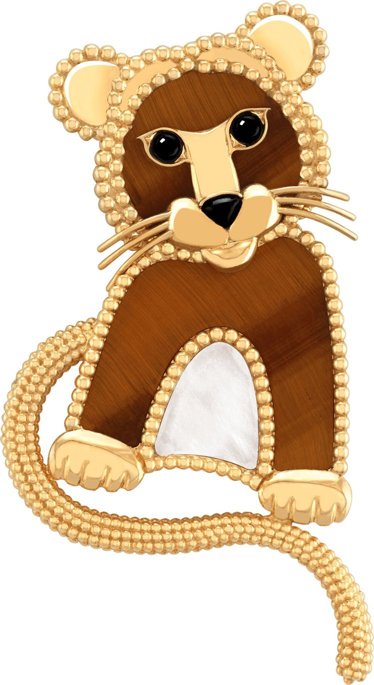 Lucky Animals系列Tiger胸針，黃K金鑲嵌虎眼石、白色珍珠母貝、縞瑪瑙，約24萬8,000元。圖／梵克雅寶