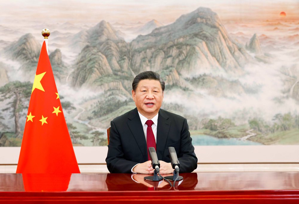 大陸國家主席習近平在北京出席2022年世界經濟論壇視訊會議。新華社