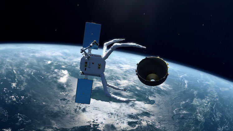 ClearSpace一號衛星的運作示意圖，將透過四爪機械手臂，抓取並移除太空中的...